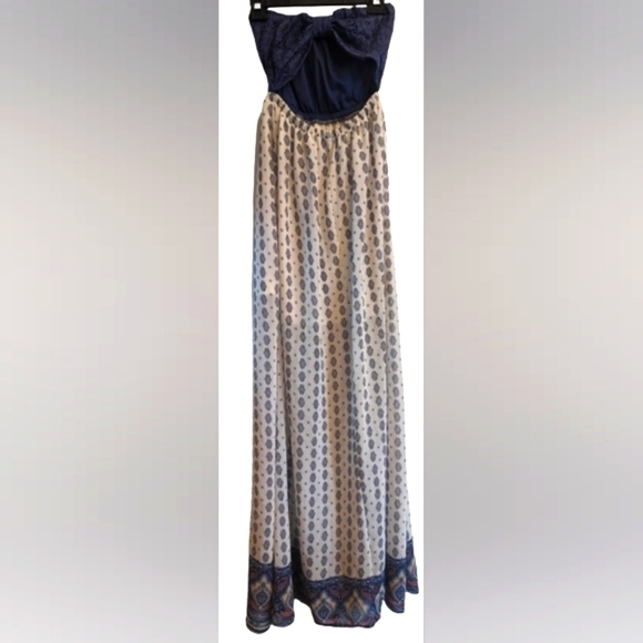 EUC iris embroidered navy bust cut out upper back boho strapless flowy maxi - Picture 5 of 8